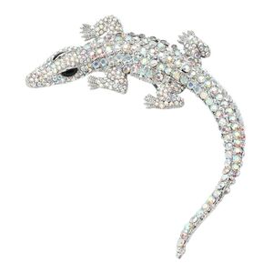 Abalone Crocodile Alligator Pave Crystal Bling 4.4" Brooch Pin Rhinestone Silver
